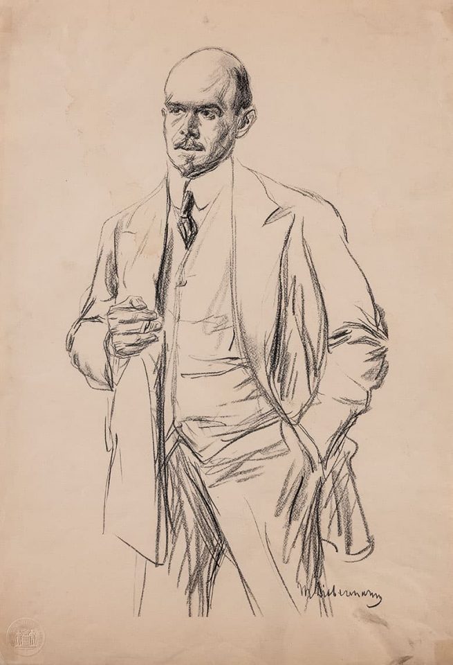 Kunstwerk auf Papier mit Abbildung eines Herren in Anzug.