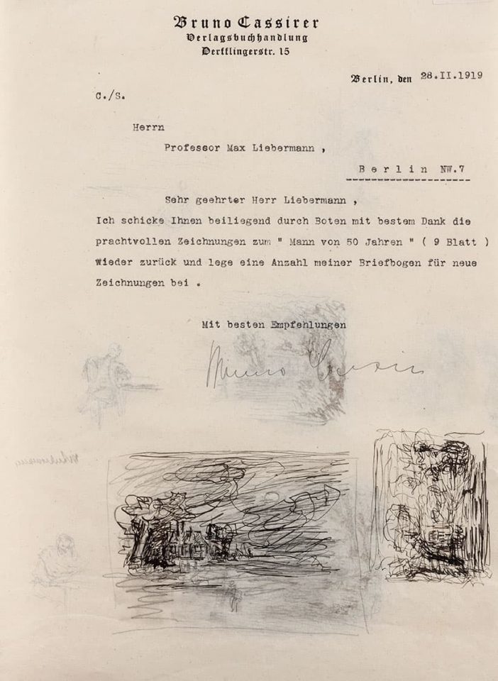 Brief von Bruno Cassirer an Max Liebermann, datiert 28. Februar 1919. Schreibmaschinentext mit handschriftlicher Signatur von Bruno Cassirer und zwei Federskizzen einer Landschaft von Liebermann. 