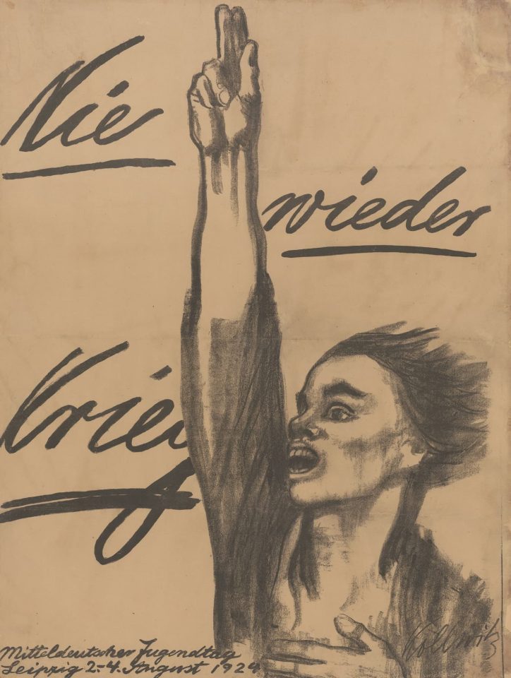 Plakat mit einer Frau und den Wörtern "Nie wieder Krieg"