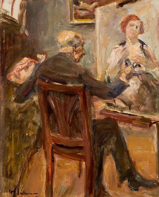 Ein Gemälde stellt einen Maler bei der Arbeit in seinem Atelier dar. Er sitzt vor seiner Staffelei.