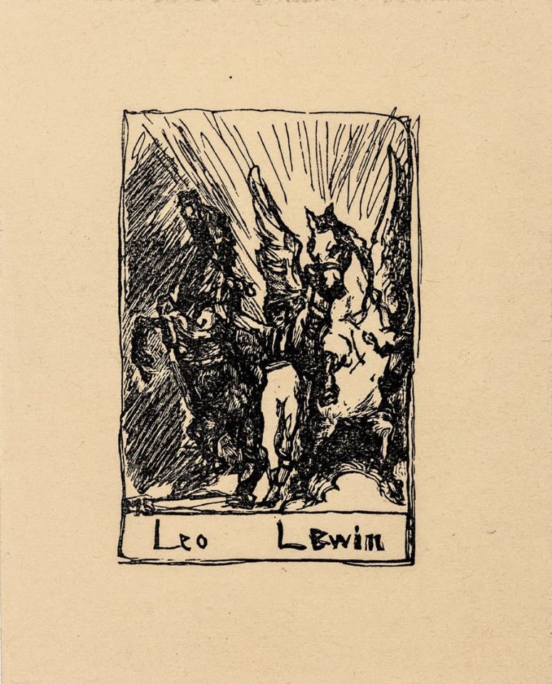 Das Exlibris von Leo Lewin: Es zeigt in einem rechteckigen Rahmen zwei steigende Pferde an den beiden Seiten, in der Mitte befindet sich eine Person, die versucht diese zu halten. Darunter steht geschrieben: Leo Lewin.