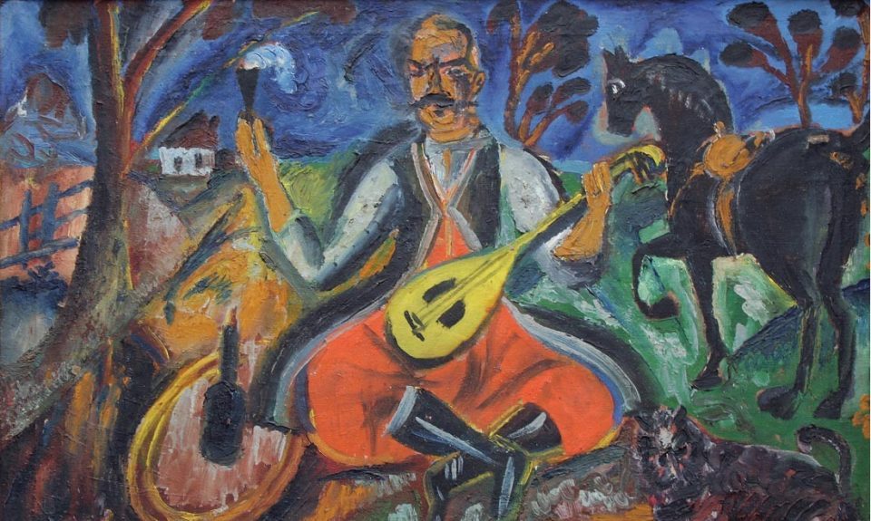 Farbkräftiges Gemälde von sitzenden Männern in Tracht, in roten Hosen mit einem Instrument, einer Bandura, rechts von ihnen ein schwarzes Pferd. 