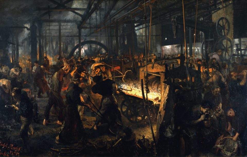 Gemälde eines dunklen Eisenwalkwerks mit einer leuchtenden Glut und verrußten Arbeitern