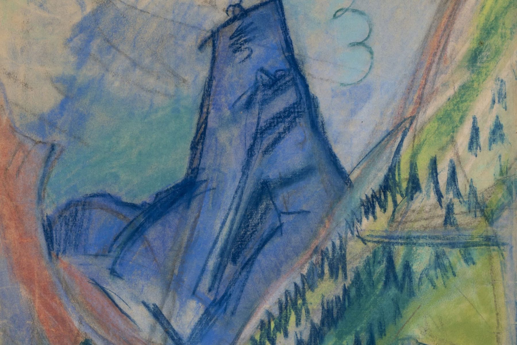 Bunte Pastellzeichnung eines Berges in einer Landschaft