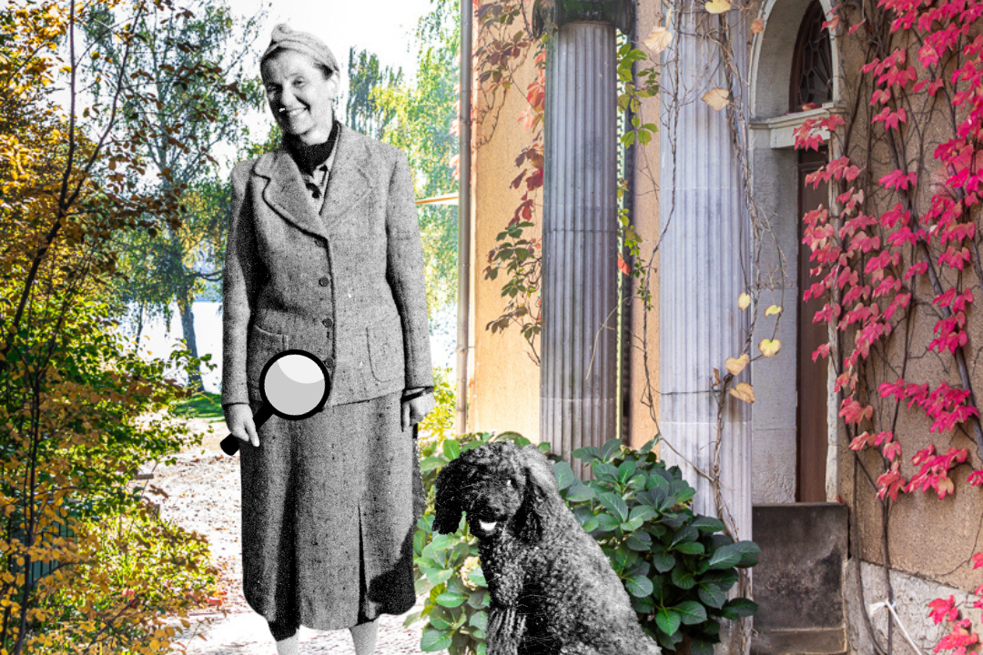 Collage mit Frau und Hund in Schwarzweiß, einer Lupe und einem aktuellen Foto der Liebermann-Villa
