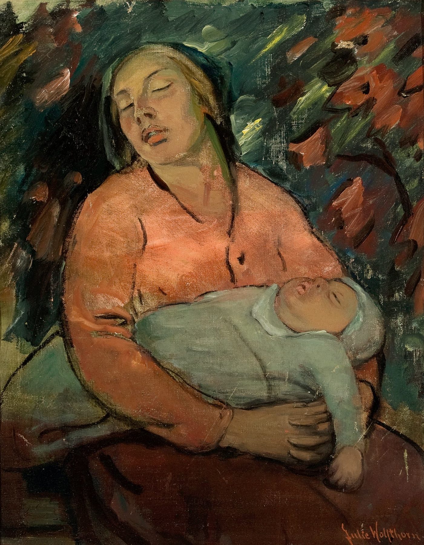 Gemälde mit einer schlafenden Frau, die auf ihrem Schoß in ihren Armen ein schlafendes Baby hält.