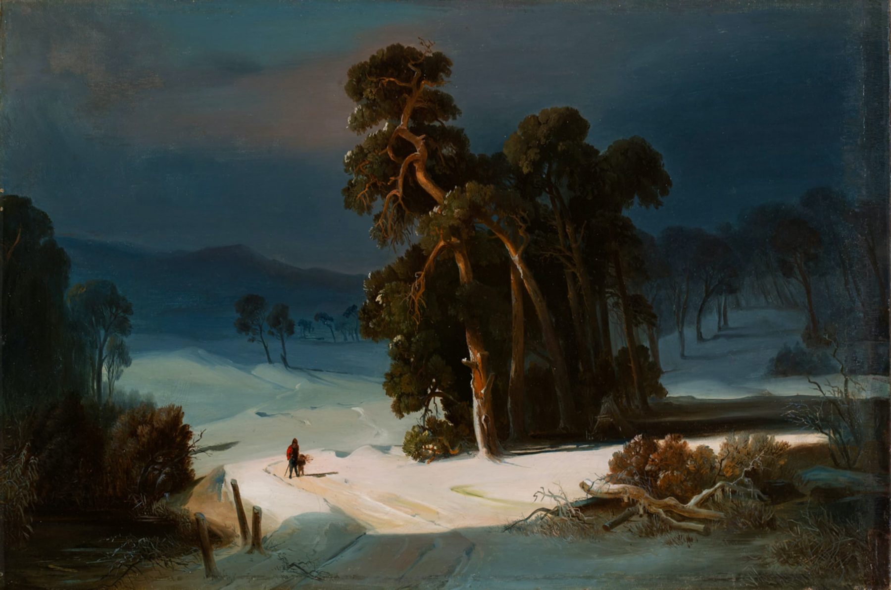 Winterlandschaft mit Schnee, Bäumen und zwei kleinen Figuren, die auf dem Schnee laufen