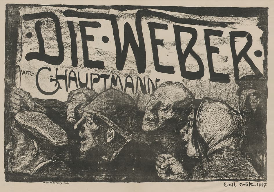 Schwarz-Weiß Plakat im Querformat mit mehren Gesichtern auf der unteren Bildhälfte. Auf der oberen Bildhälfte in großen Buchstaben „Die Weber. von G. Hauptmann“