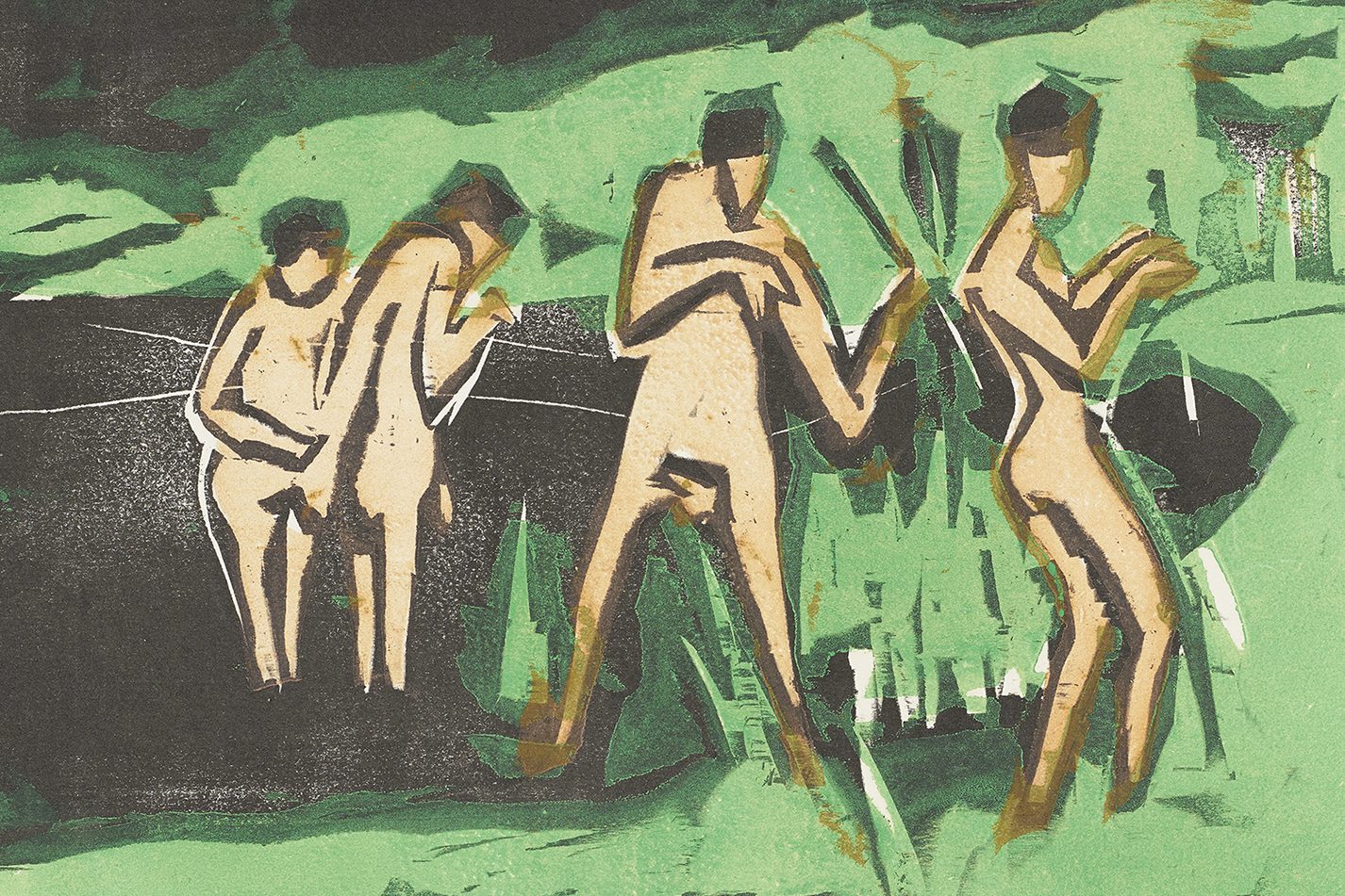 Abstrakte nackte Figuren mit starken schwarzen Umrisslinien vor grünem Hintergrund