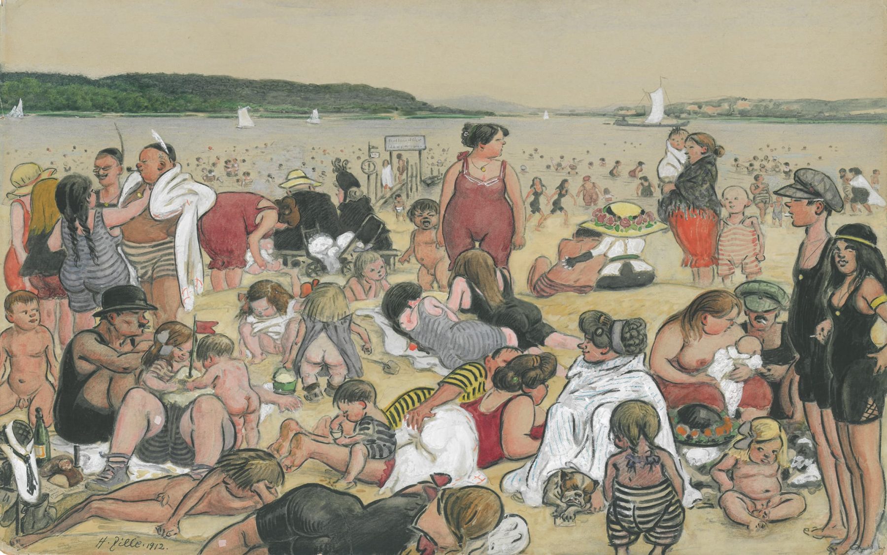 Bunte Strandbadszene mit vielen unterschiedlichen Personen am Ufer und im Wasser in Bade- und Sraßenkleidung oder nackt.