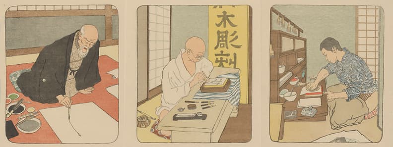 Farbiger Druck drei Japanischer Männer, die von links nach rechts malen, holzschneiden und drucken