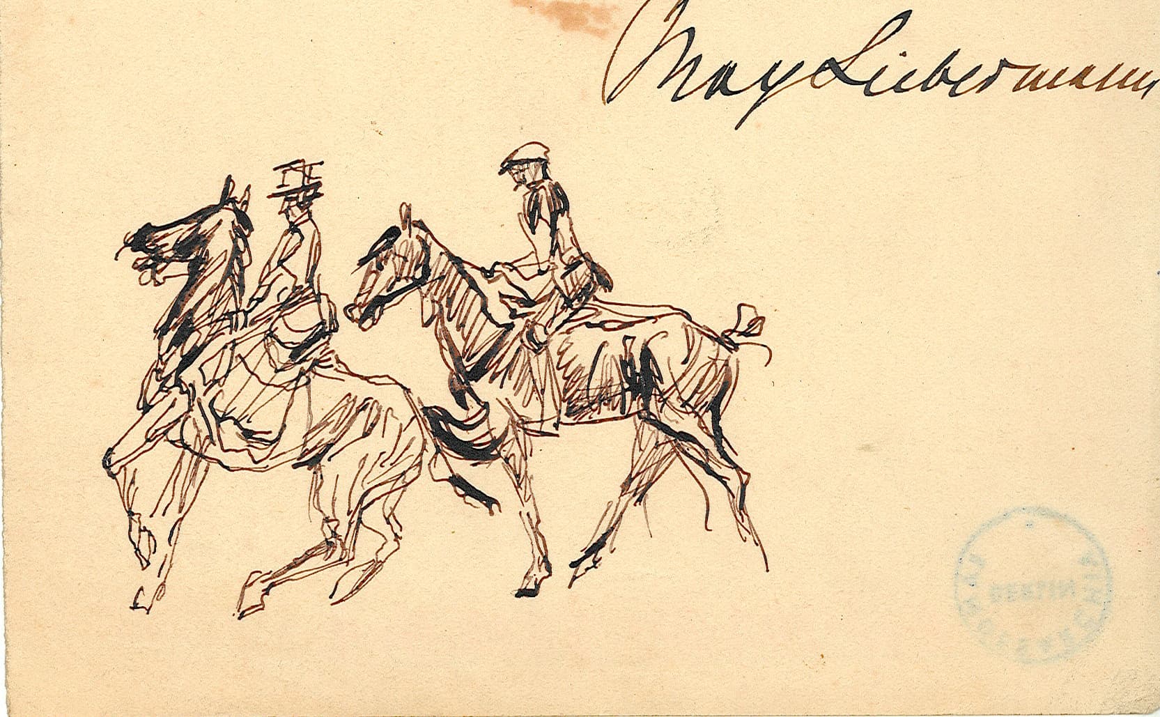 Brief von Max Liebermann mit Datierung oben rechts, Brieftext mittig und einer Skizze von zwei Pferden mit Reitern