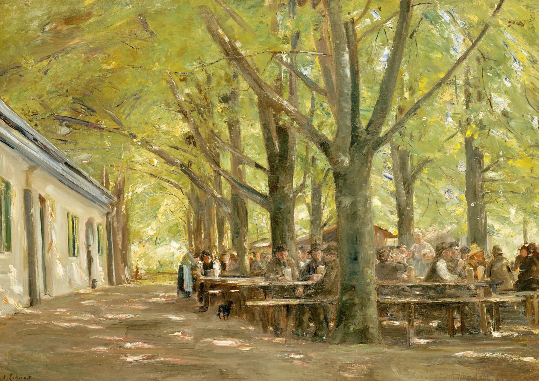 Gemäle eines Biergartens mit vielen Personen, die in Bierbänken unter Bäumen sitzen, links ein Gebäude.