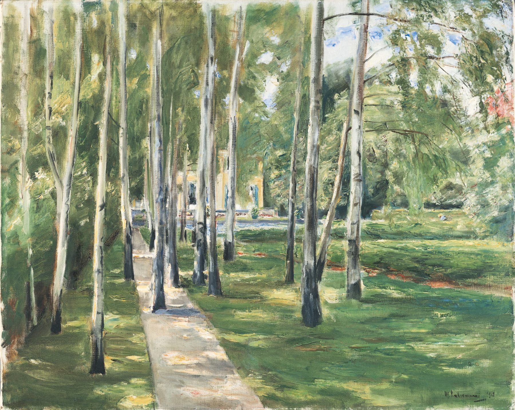 Gemälde des Birkenwegs mit hellen Farben, grüner Wiese und im Hintergrund die Liebermann-Villa.