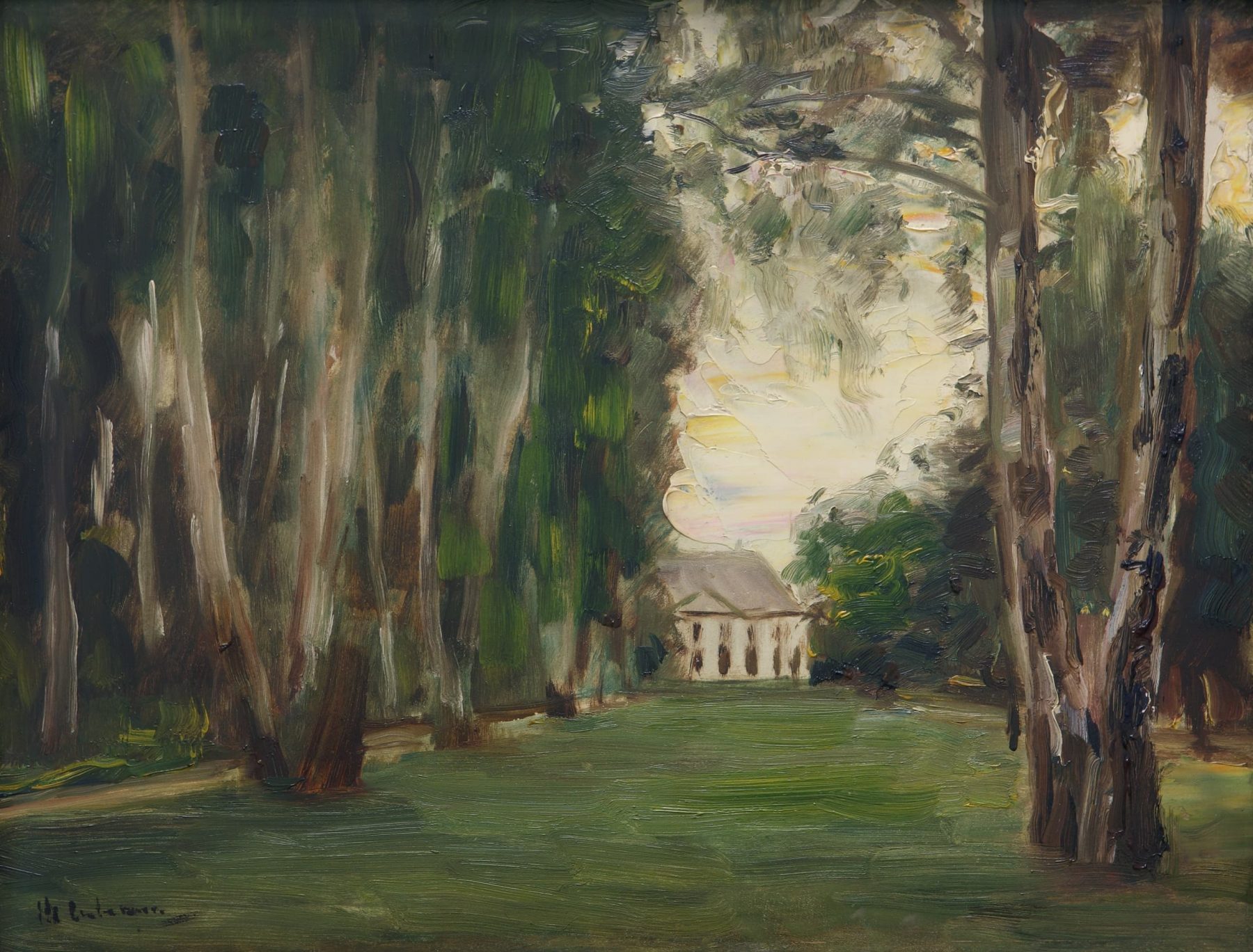 Gemälde von Max Liebermann mit Bäumen links und rechts und der Liebermann-Villa im Hintergrund