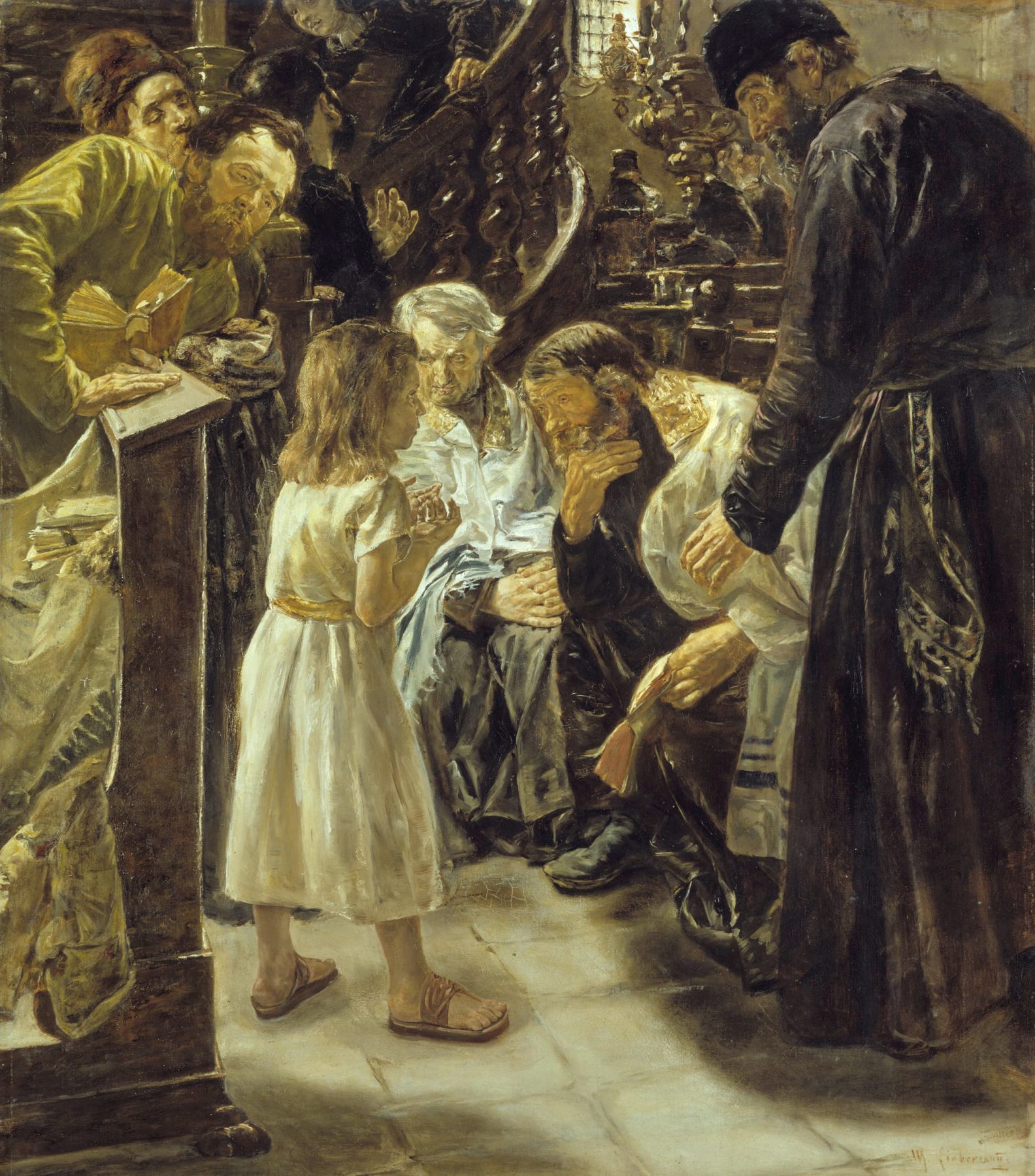 Gemälde mit mehreren Personen in altertümlicher Kleidung, die sich um einen kleinen Jungen beugen, der etwas zu erklären scheint.