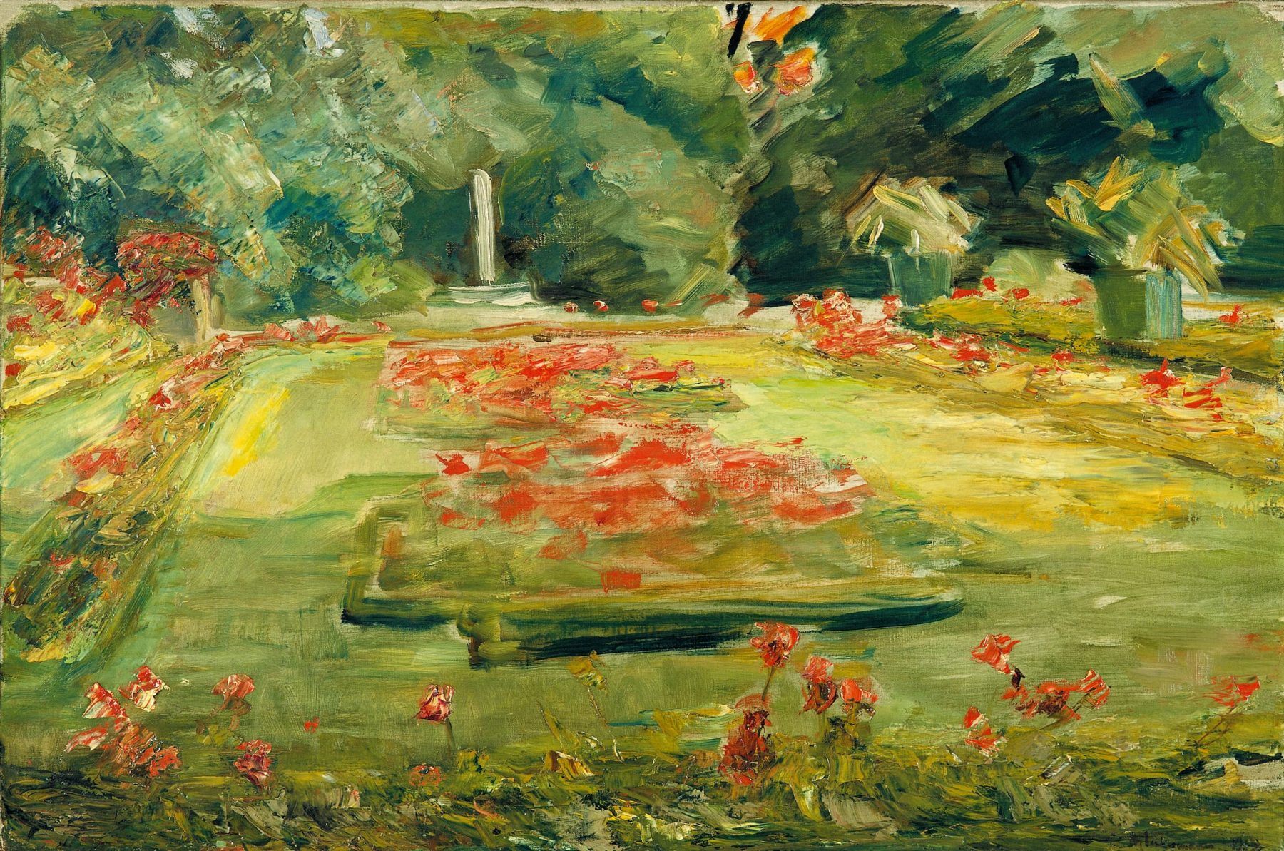 Gemälde der Blumenterrasse der Liebermann-Villa mit roten und grünen Farbelementen.