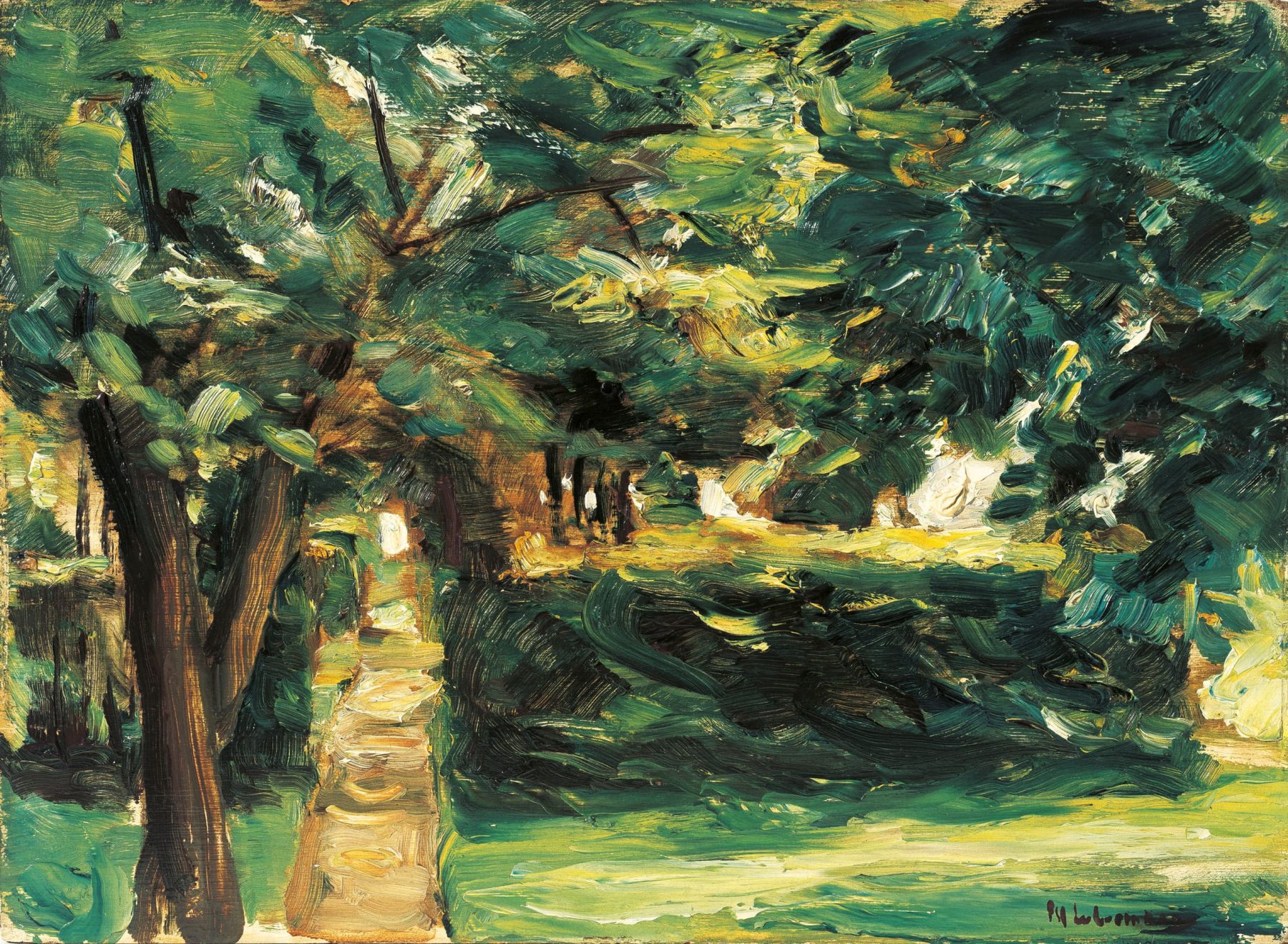 Gemälde des Gartens der Liebermann-Villa mit einem Baum am linken Bildrand, mittig ein Weg und eine Hecke.