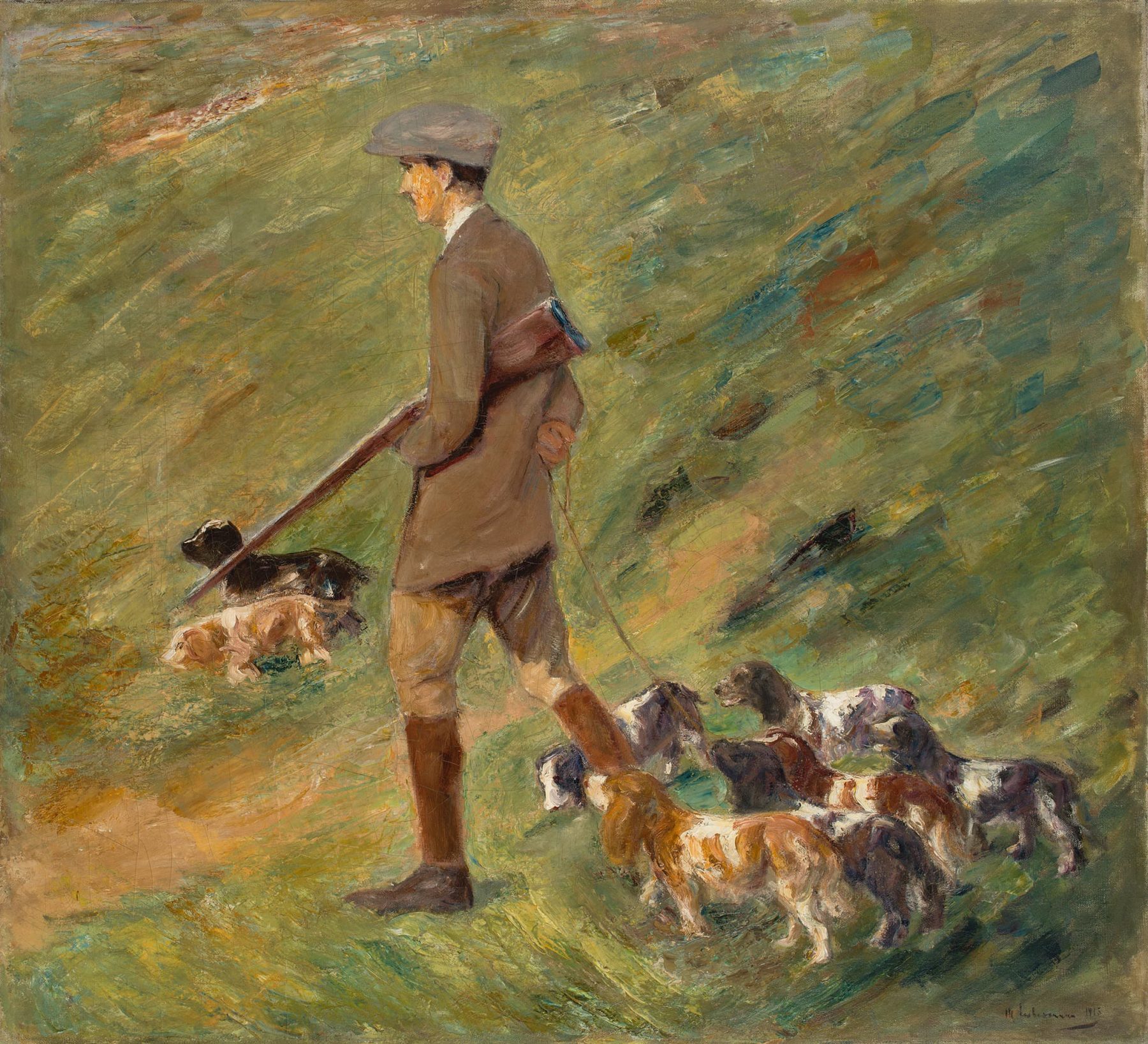 Gemälde eines Jägers mit mehreren Hunden.