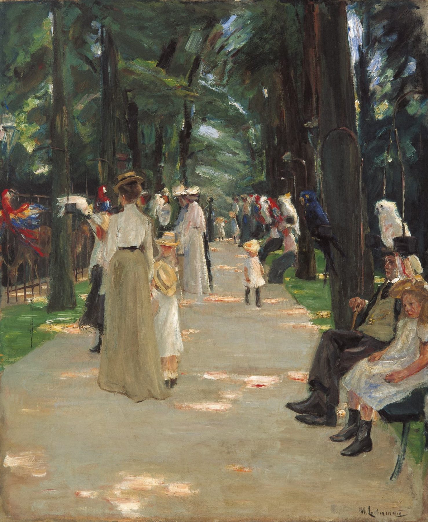 Gemälde von Max Liebermann mit Personen in einem Park Anfang des 20. Jahrhunderts, die flanieren, sitzen oder Papageien am linken Bildrand betrachten