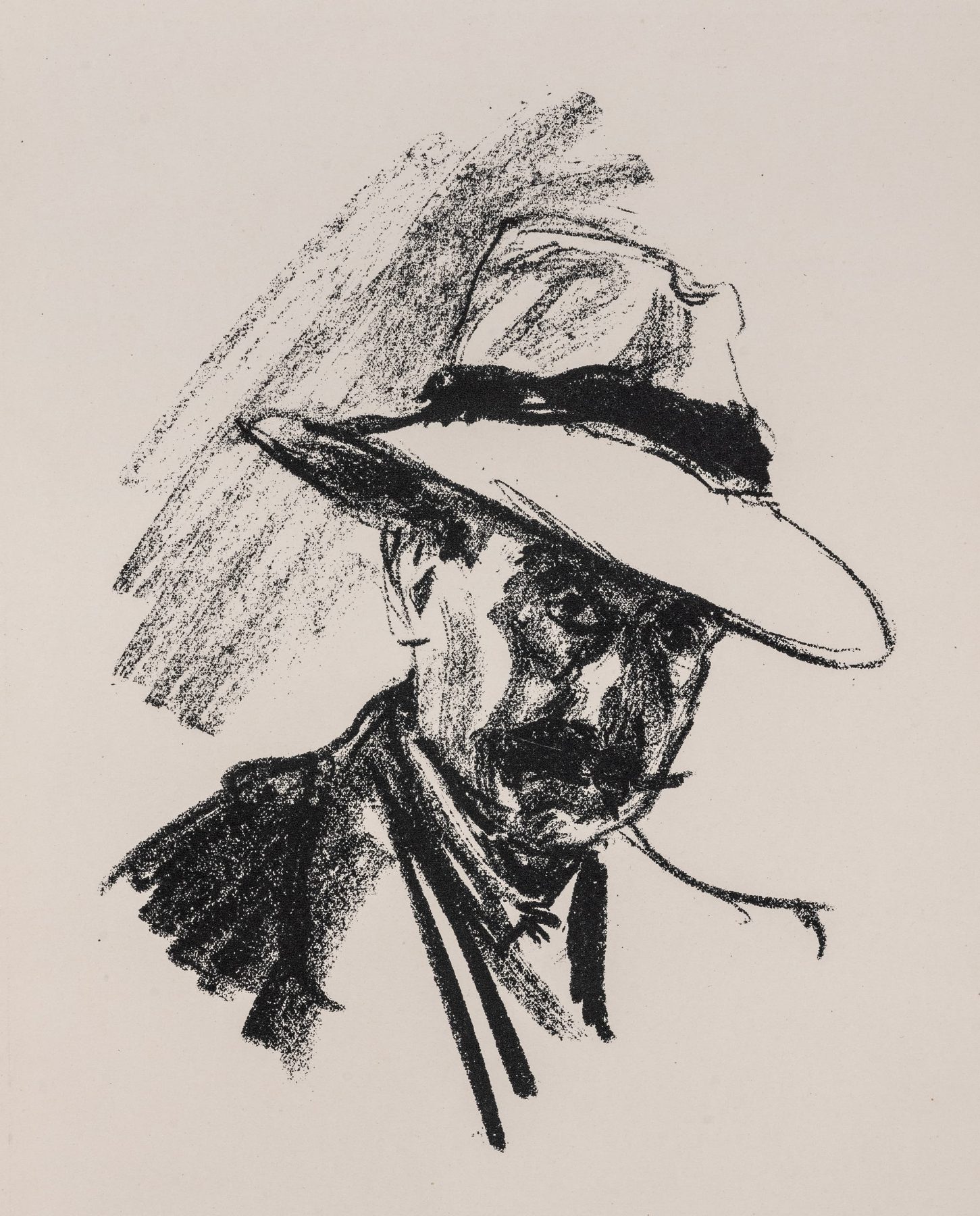 Selbstporträt von Max Liebermann in schwarzen Konturen auf Papier. Er trägt einen markanten Schnurrbart und einen Hut.