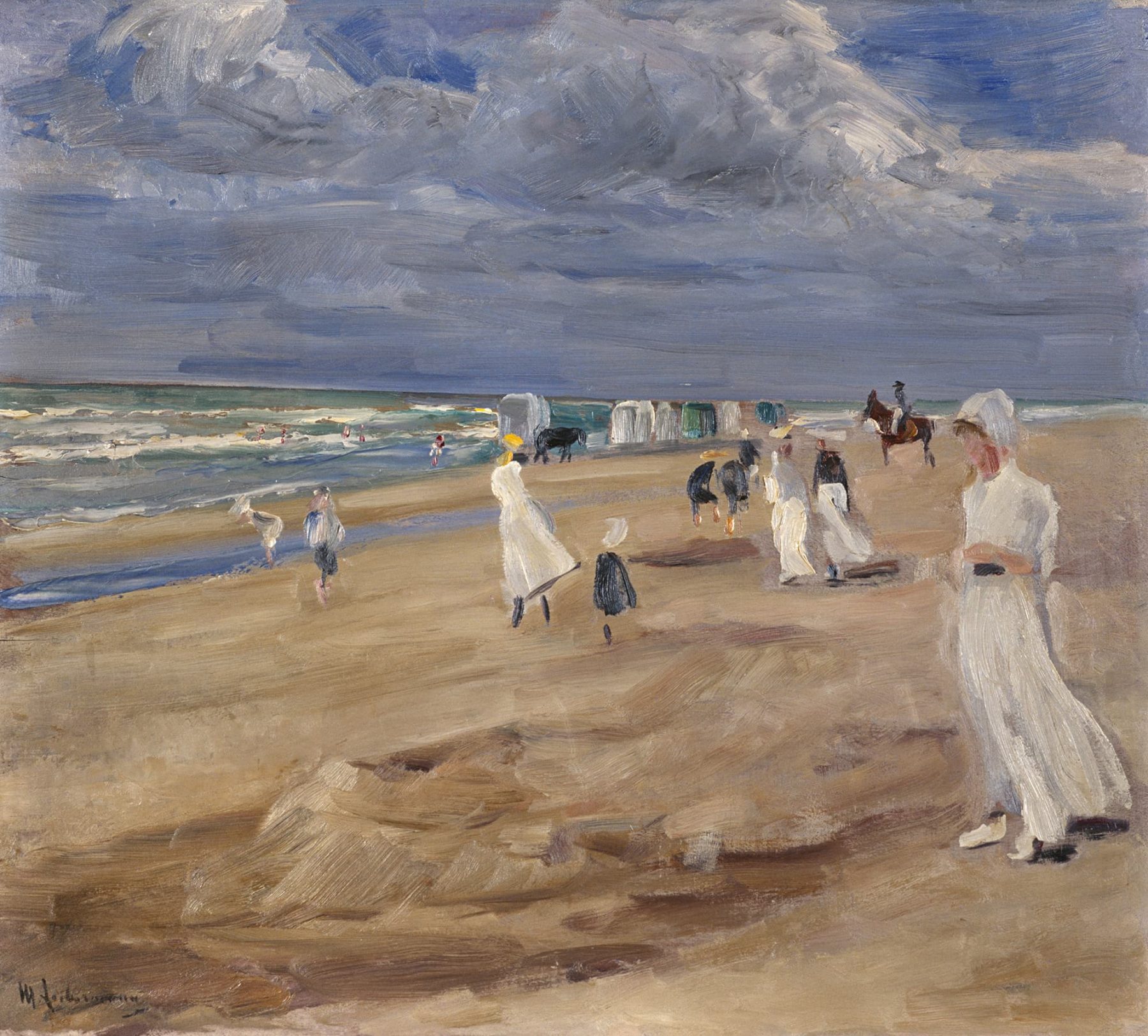 Strandszene mit mehreren Figuren in weißen Strandkleidern und Kindern.