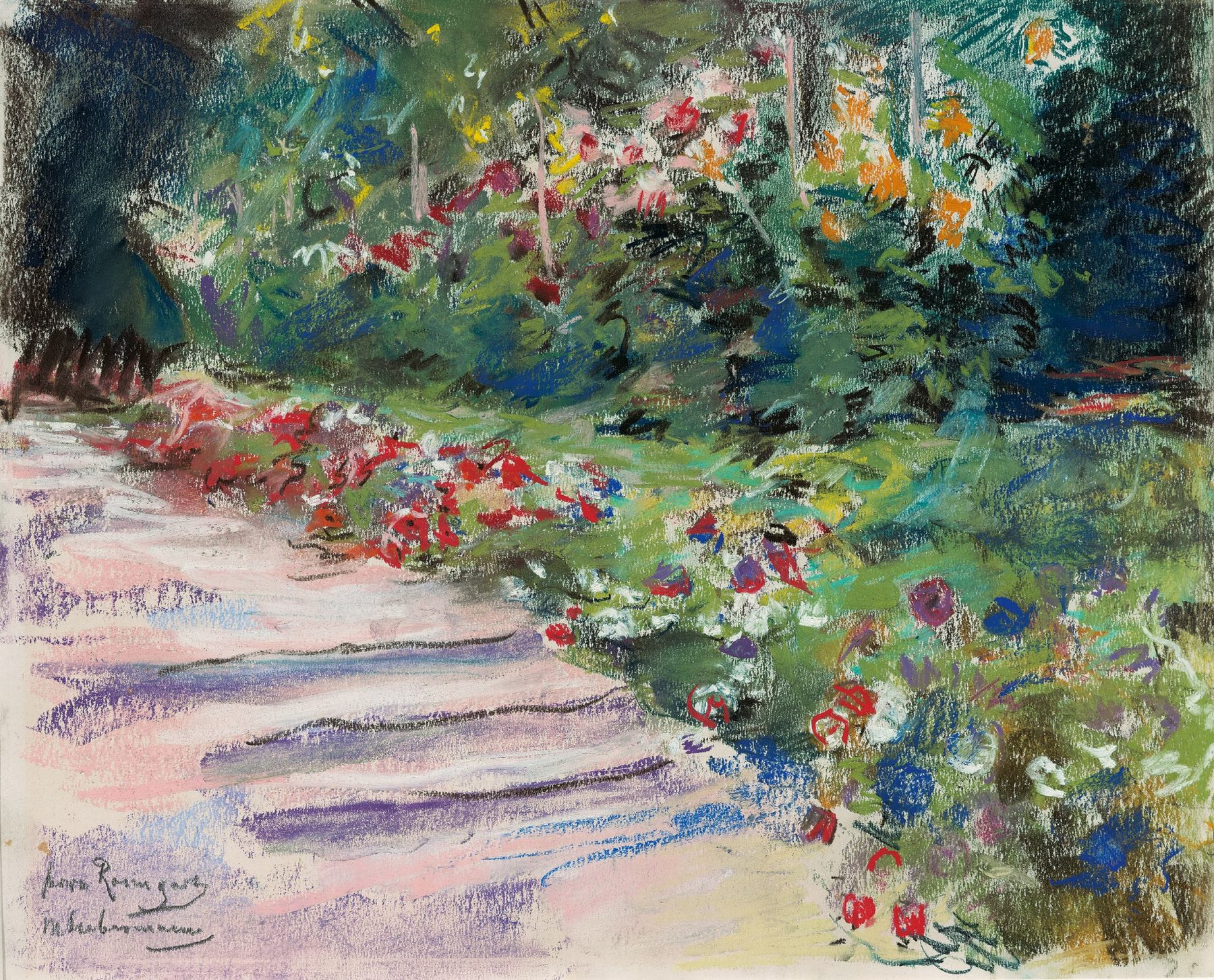 Pastellzeichnung des Gartens von Max Liebermann mit einer Treppe im Vordergund und bunten Blumen im rechten Bildteil