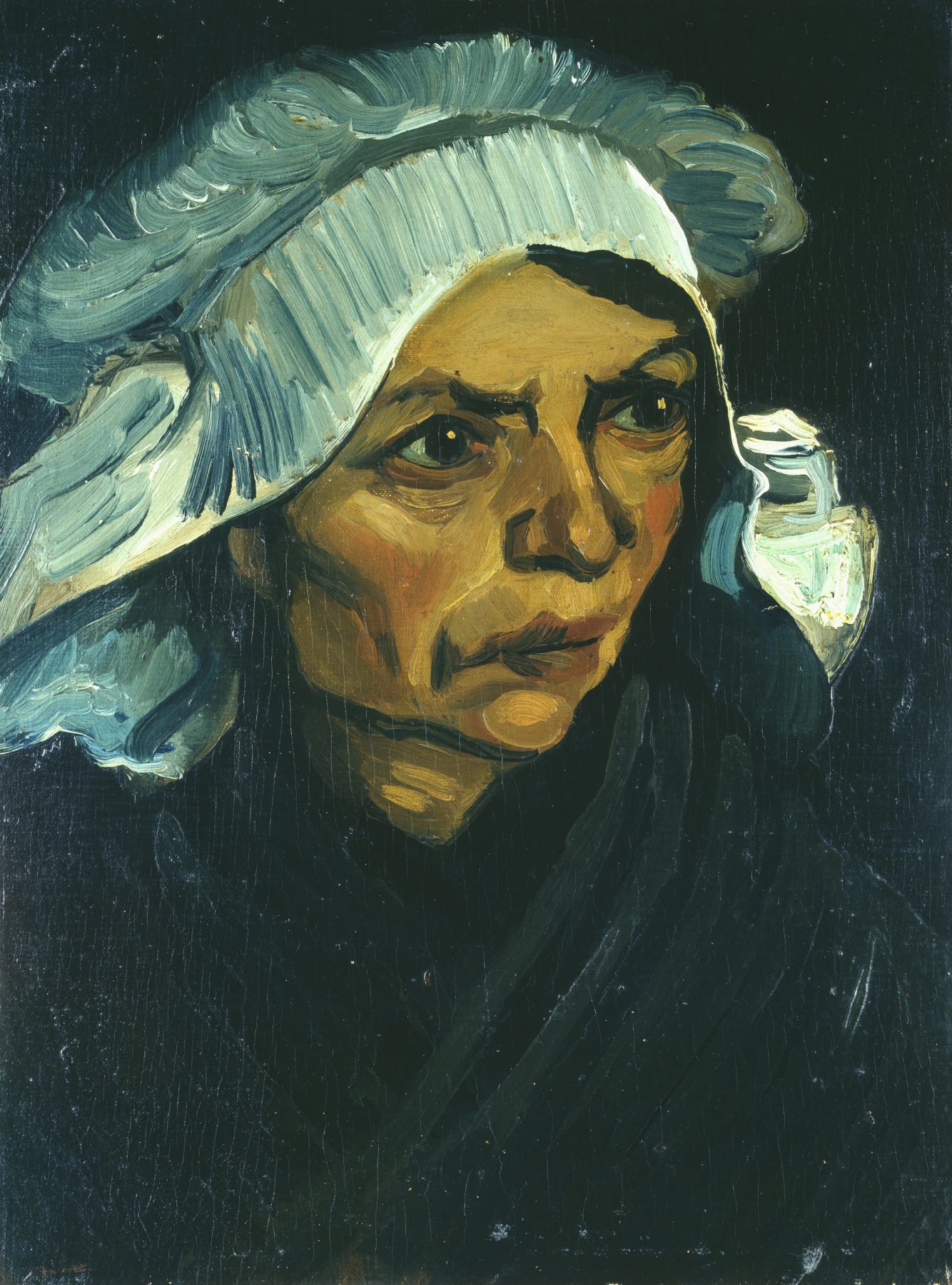 Porträt einer Frau, die laut Titel eine Bäuerin ist. Sie blickt rechts aus dem Bild hinaus und trägt eine weiß Haube.