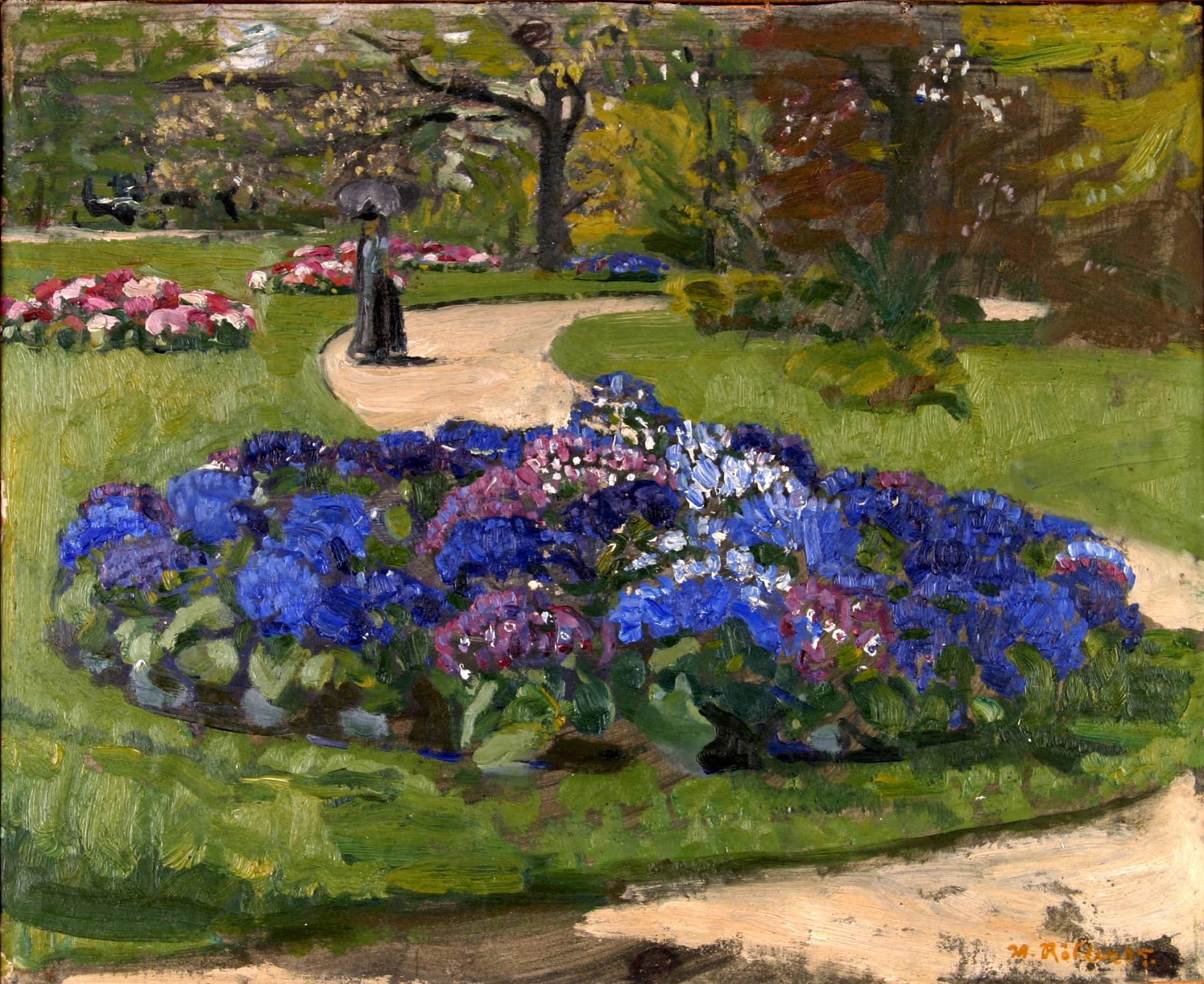Gartengemälde mit einem blauen Beet in der Bildmitte