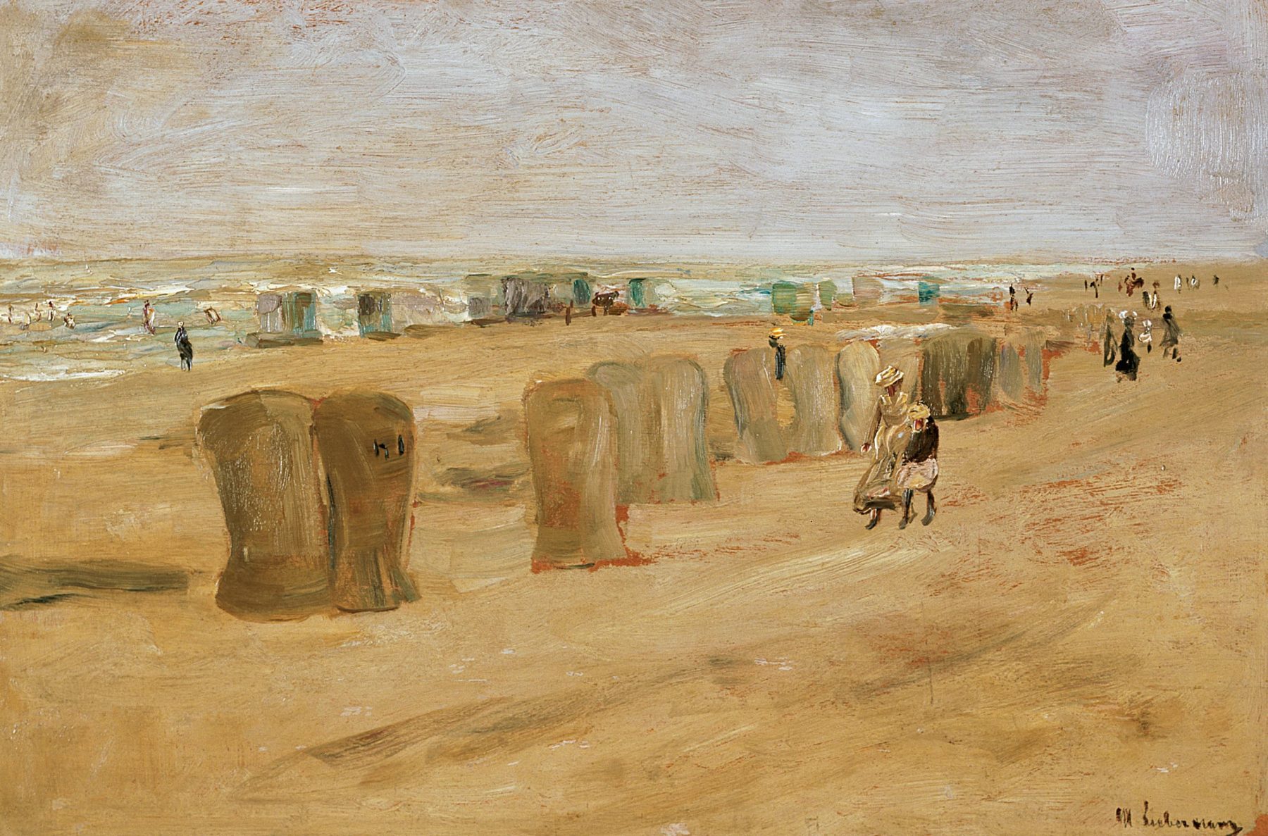 Gemälde eines Strandes mit Strandkörben und Personen