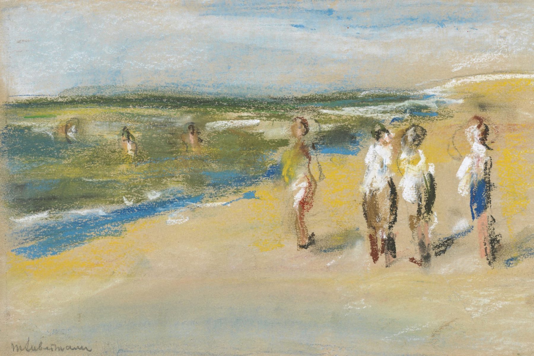 Pastellzeichnung von mehreren Figuren am Strand und im Meer.