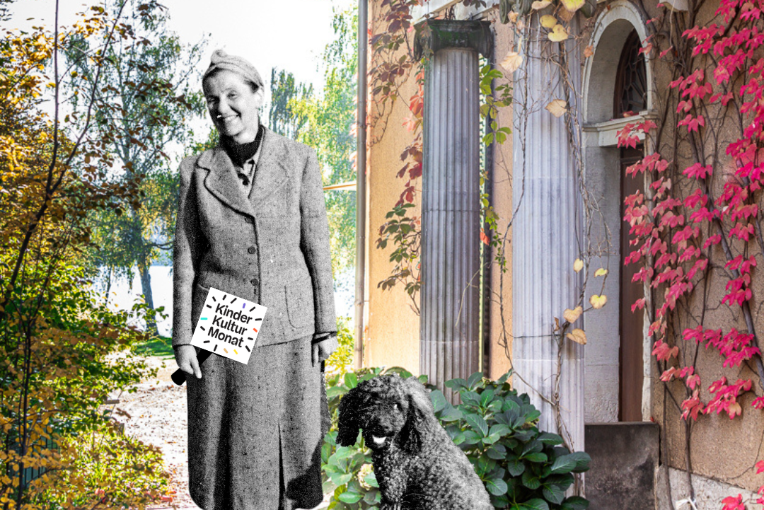 Collage mit Frau und Hund in Schwarzweiß, dem Logo des KinderKulturMonats und einem aktuellen Foto der Liebermann-Villa