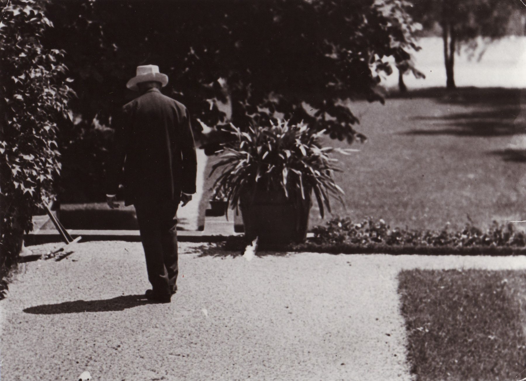 Auf der Fotografie ist ein Ausschnitt der Blumenterrasse mit dahinter liegender Rasenfläche und dem Wannsee zu erkennen. Max Liebermann ist nur von hinten zu sehen.