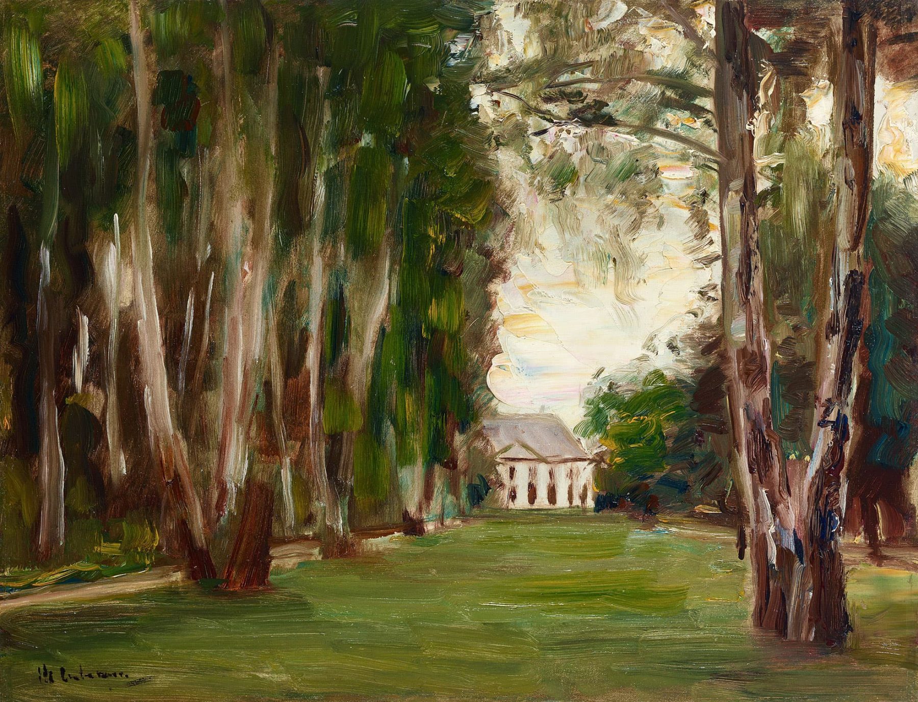 Gemälde von Max Liebermann mit Bäumen links und rechts und der Liebermann-Villa im Hintergrund