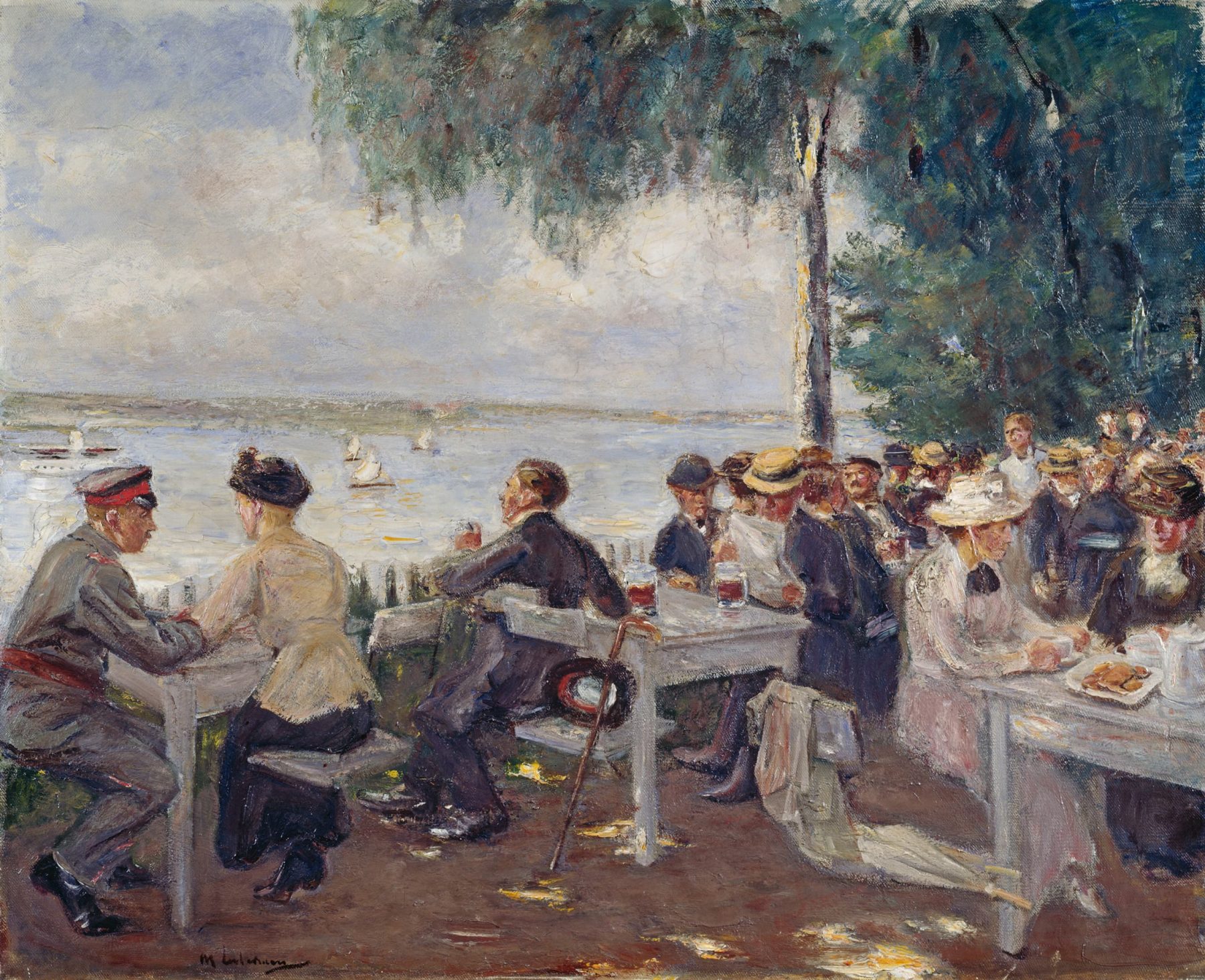 Gemälde einer Biergartenszene am Wasser mit vielen bürgerlichen Personen, die an Tischen sitzen und sich unterhalten.