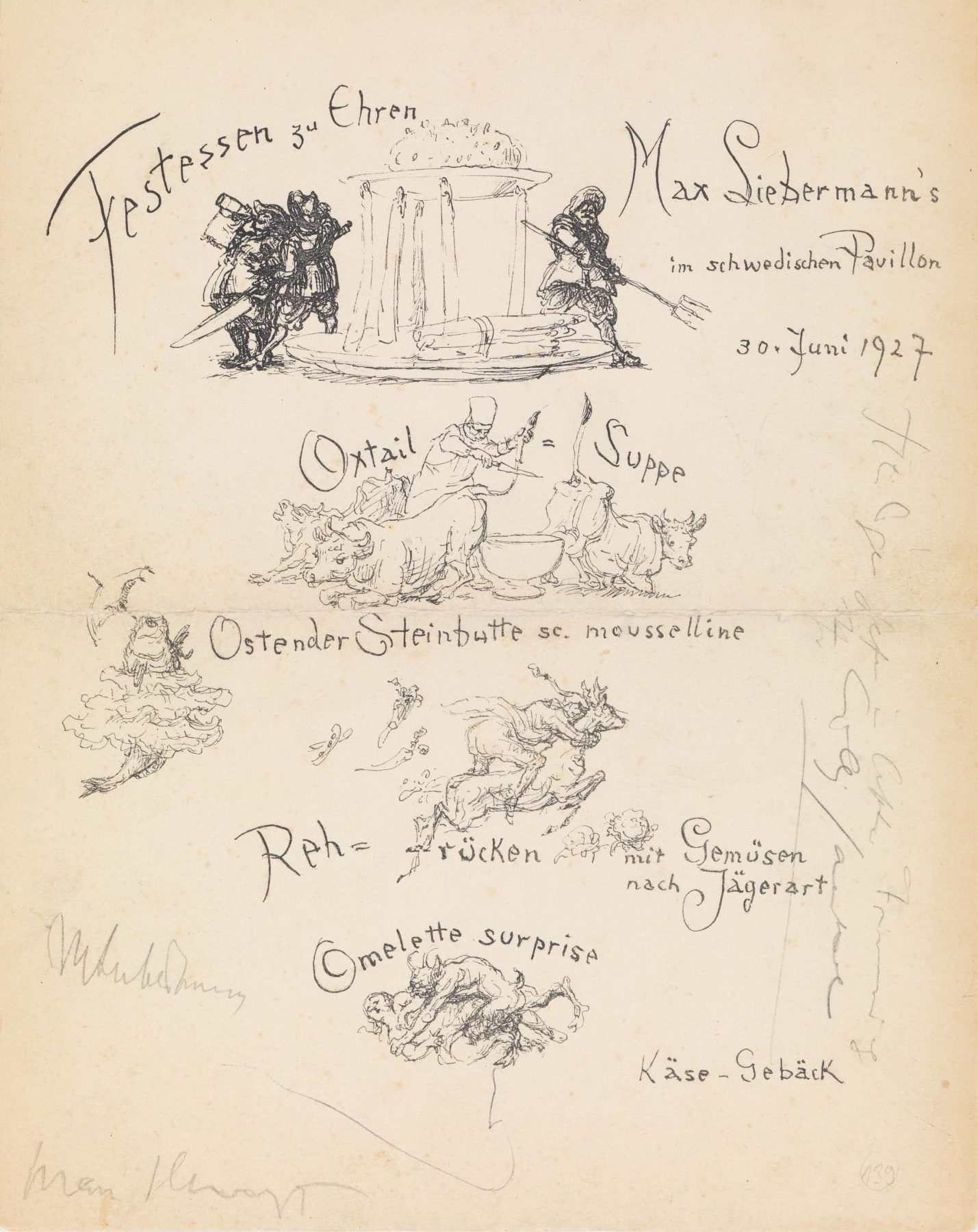 Karte mit Skizzen und Beschriftungen zu einem Gänge-Menü von 1927