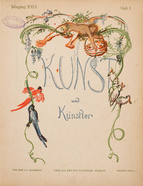 Ein farbig illustriertes Titelblatt der Kunstzeitschrift Kunst und Künstler aus dem Jahr 1929, das Heft 1 in dem Grete Ring ihren Artikel zu den Sammlern in Paris und Berlin veröffentlicht hatte