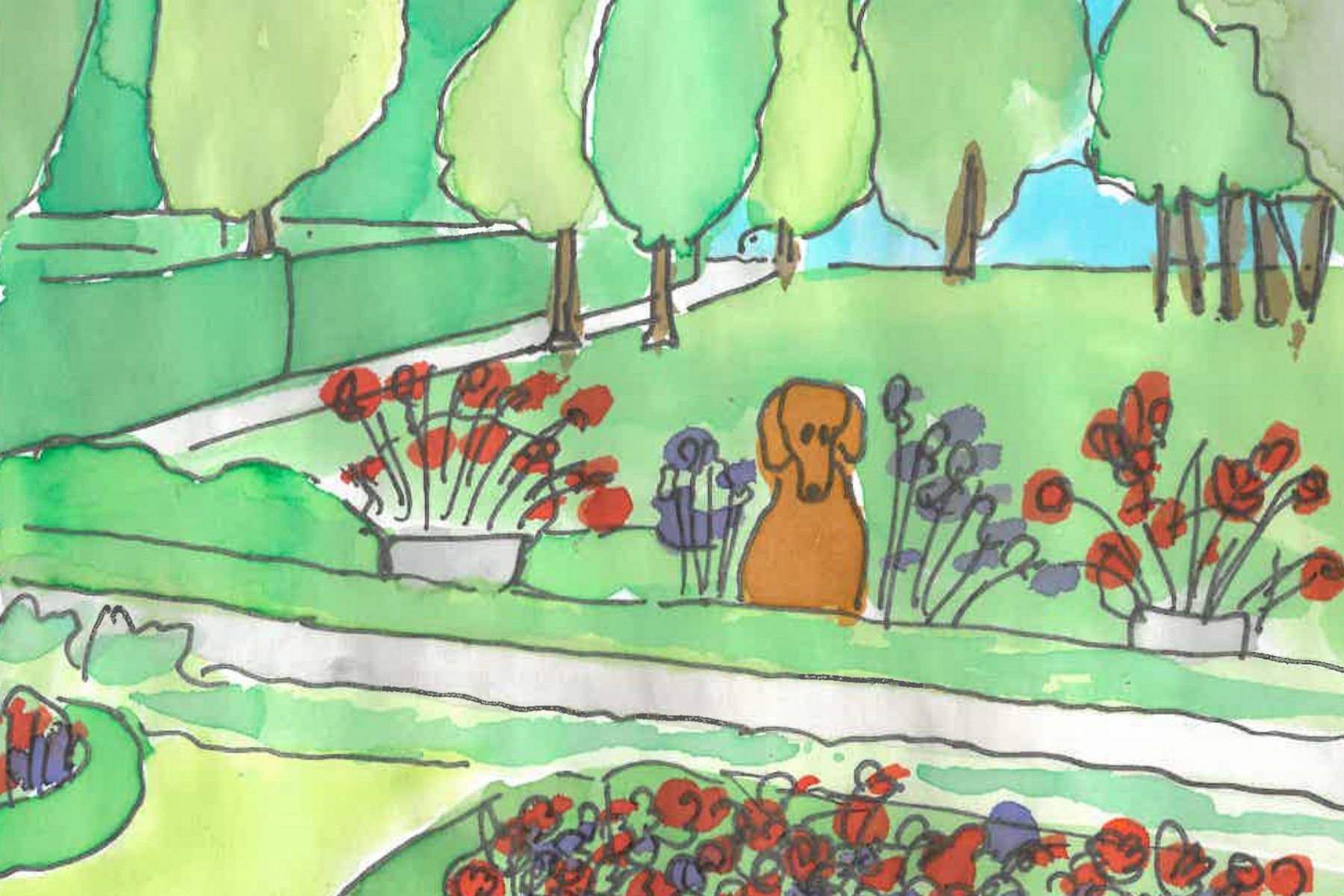 Ein Aquarell zeigt den Liebermann-Garten in den Farben grün, blau und rot. Mittig vor der Blumenterrasse steckt ein brauner Dackel seinen Kopf aus dem Blumenbeet