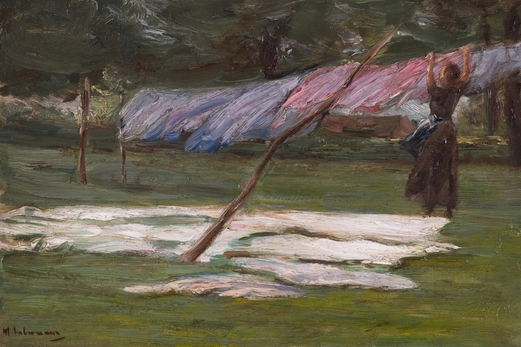 Ölstudie mit einer Frau die an einer Wäscheleine Wänsche aufhängt, die im Wind weht